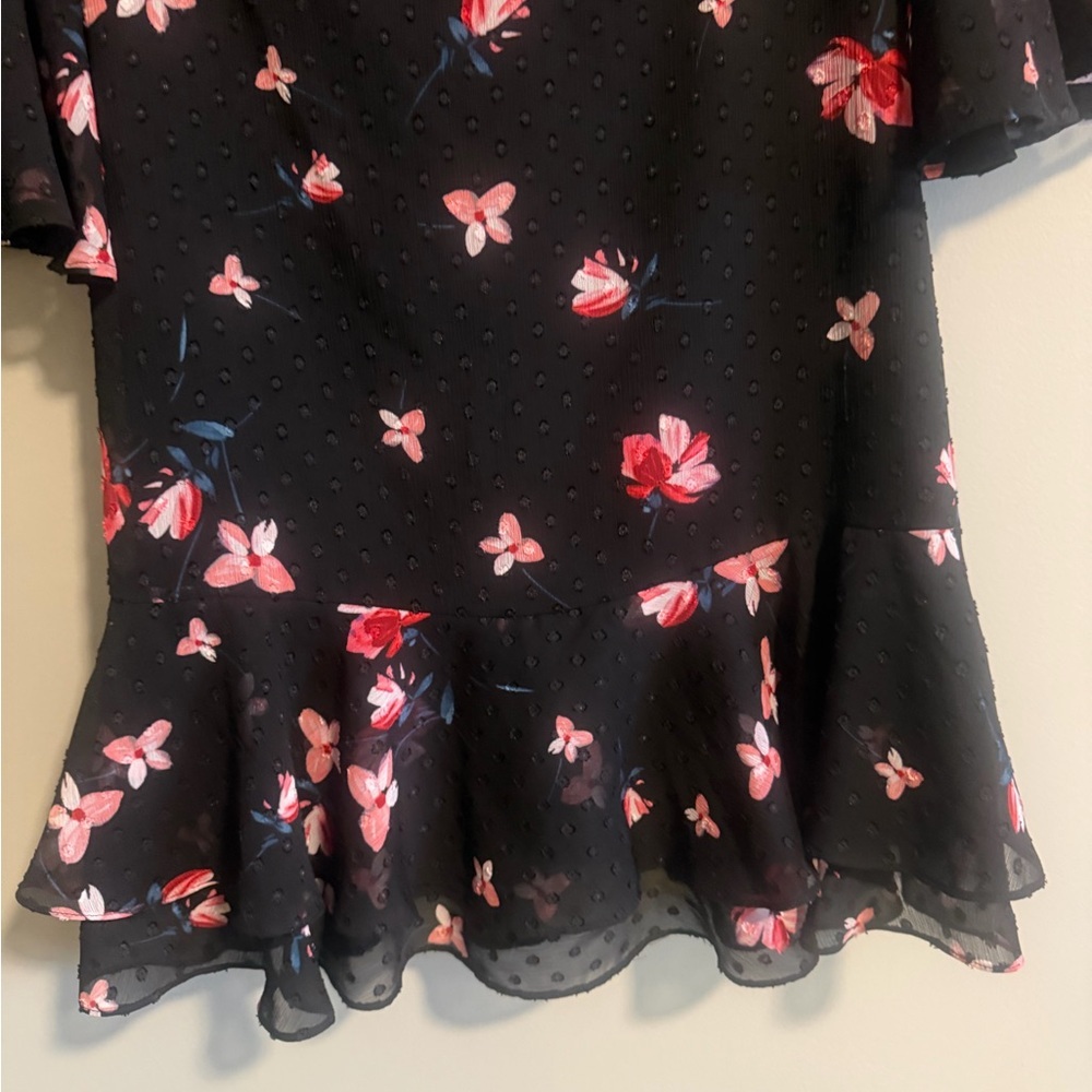 Eliza J Black Pink Floral Chiffon Ruffle hem Swiss dot 3/4 bell sleeve size 6 - Picture 6 of 13